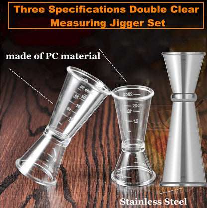 Double Clear Plastic and Stainless Steel Japanese Style Jigger Cocktail Measuring Shot Glasses Drink Spirit Measure Cup for Bar Party Kitchen Tool Set of 3