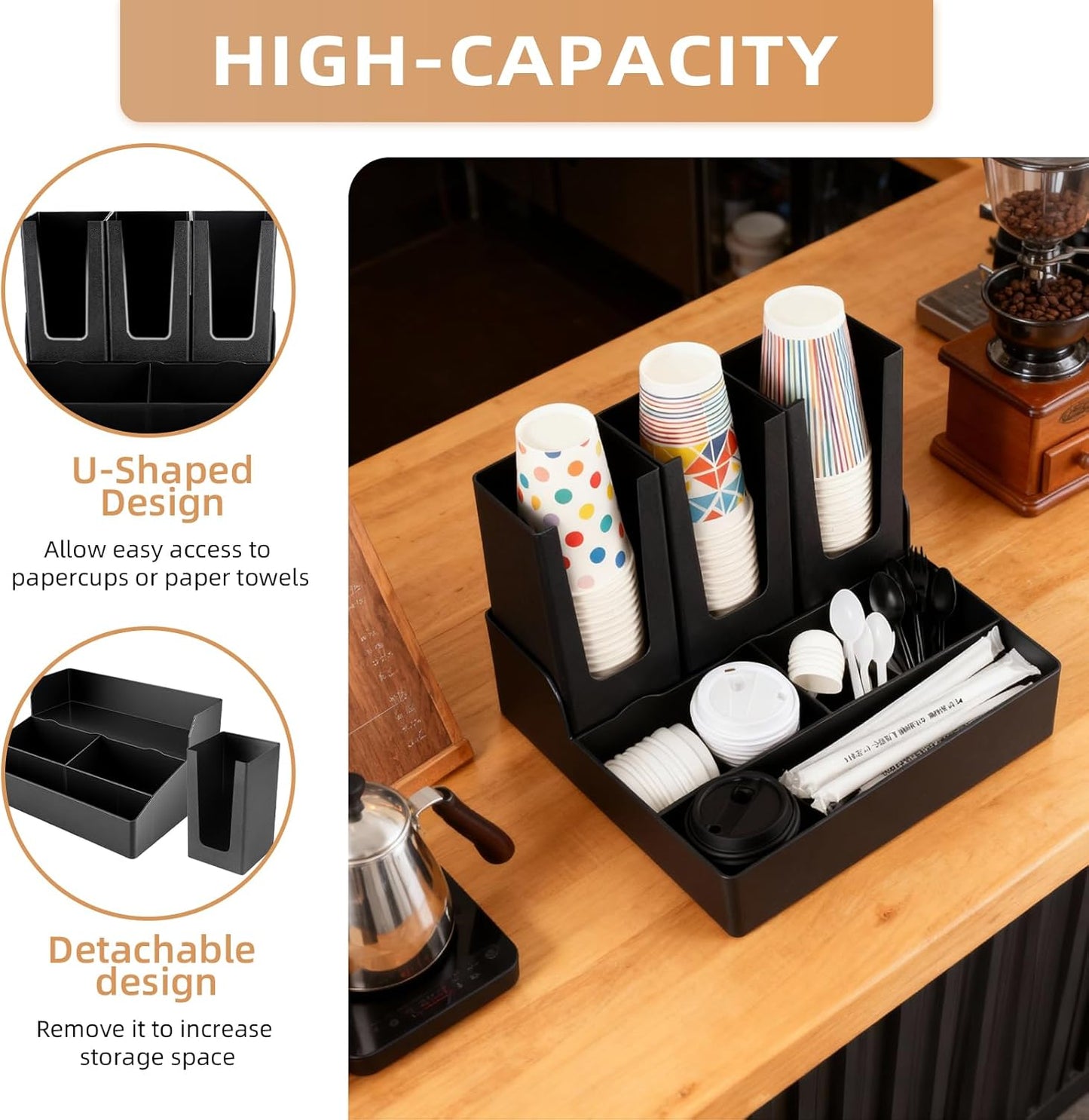 Commercial Cup and Lid Holder with Straw Organizer,Disposable Coffee Cup Condiment Dispenser for Countertop Org, Coffee Bar, Beverage Cup, Kitchen, Breakroom (11 Compartment Upright)