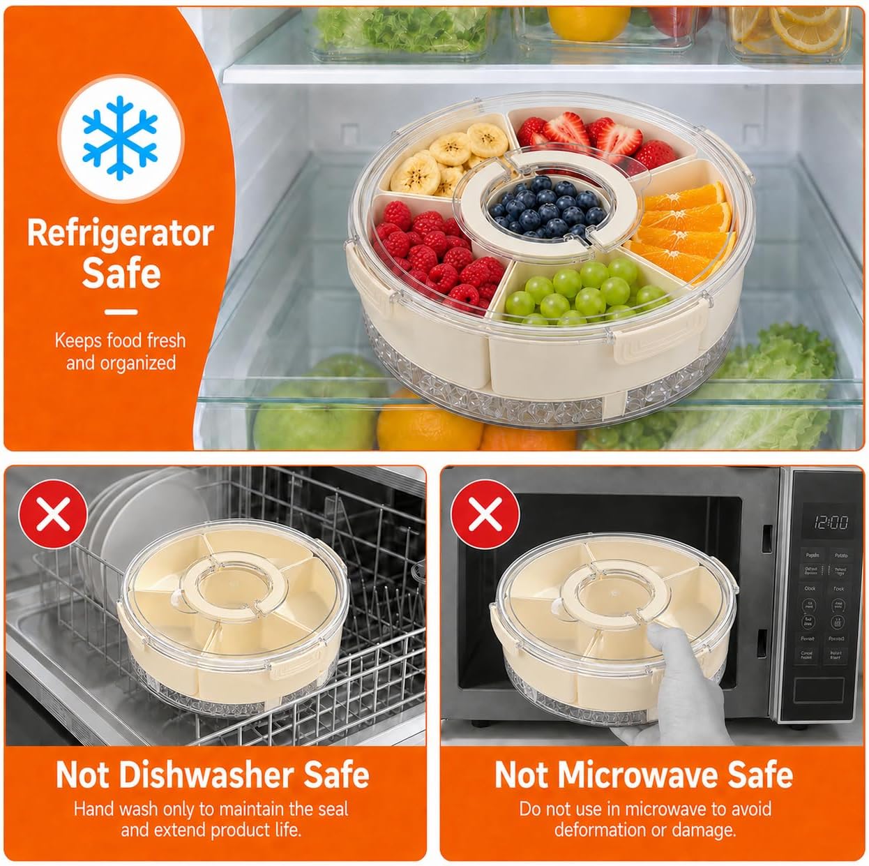 Divided Serving Tray with Lid and Handle, Rounded Snackle Box with 6 Compartments and Chill Base for Fruits, Candy, Veggie, Portable Travel Snack Container, 12 Inch