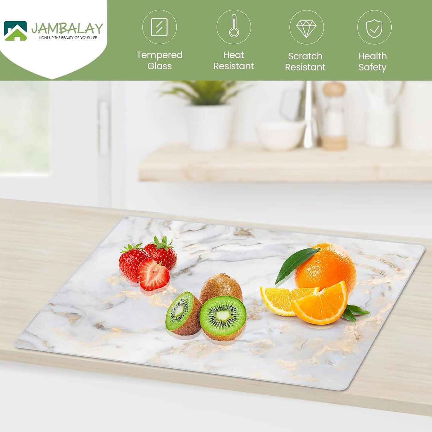 JAMBALAY Tempered Glass Cutting Boards for Kitchen, Gold 12"x8" & 16"x12" Glass Cutting Board Set with Marble Design, With Non Slip Foot, Shatter and Heat Resistant, Dishwasher Safe