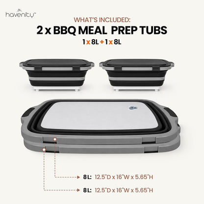 BBQ Prep Tub 2 Pack (8L+8L) - Multifunctional Collapsible Camping Cutting Board with Upgraded Locking Lid, Meal Prep Meat Storage Container Perfect for Grilling, Outdoor Cooking (Large x 2)