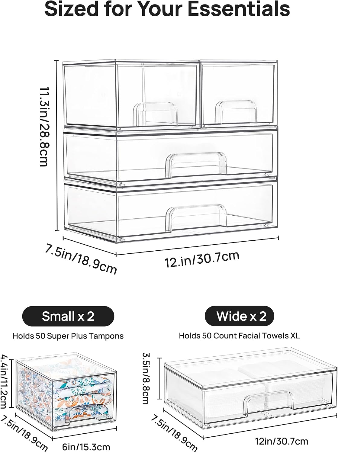 Vtopmart Stackable Storage Drawers Set of 5, Clear Plastic Organizer Bins for Baby Bottle, Beauty Supplies Storage, Ideal for Kichen Countertop, Vanity, Bathroom, Cabinet, Pantry Organization