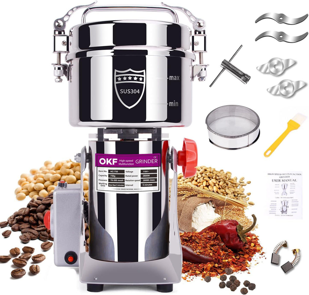150g Grain Mill, 304 Stainless Steel Spice Grinder, 1500W High-speed Commercial Flour Mill, Superfine Flour Mill Grinder for Home, Grain Mill for Flour