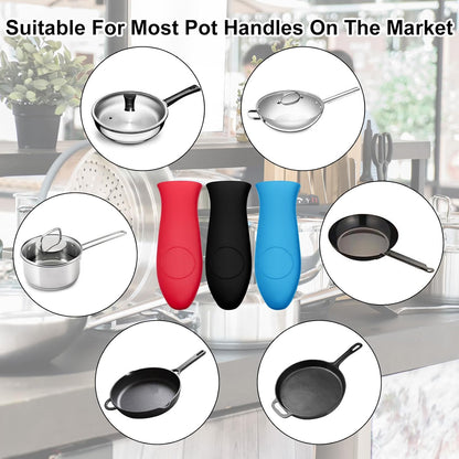 Silicone Hot Handle Holders 3Pcs Rubber Pot Handle Sleeve,Heat Resistant Skillet Handle Cover for Metal Cookware Handles,Pans,Cast Iron Pot, Frying Pan(A-Red Black Blue)