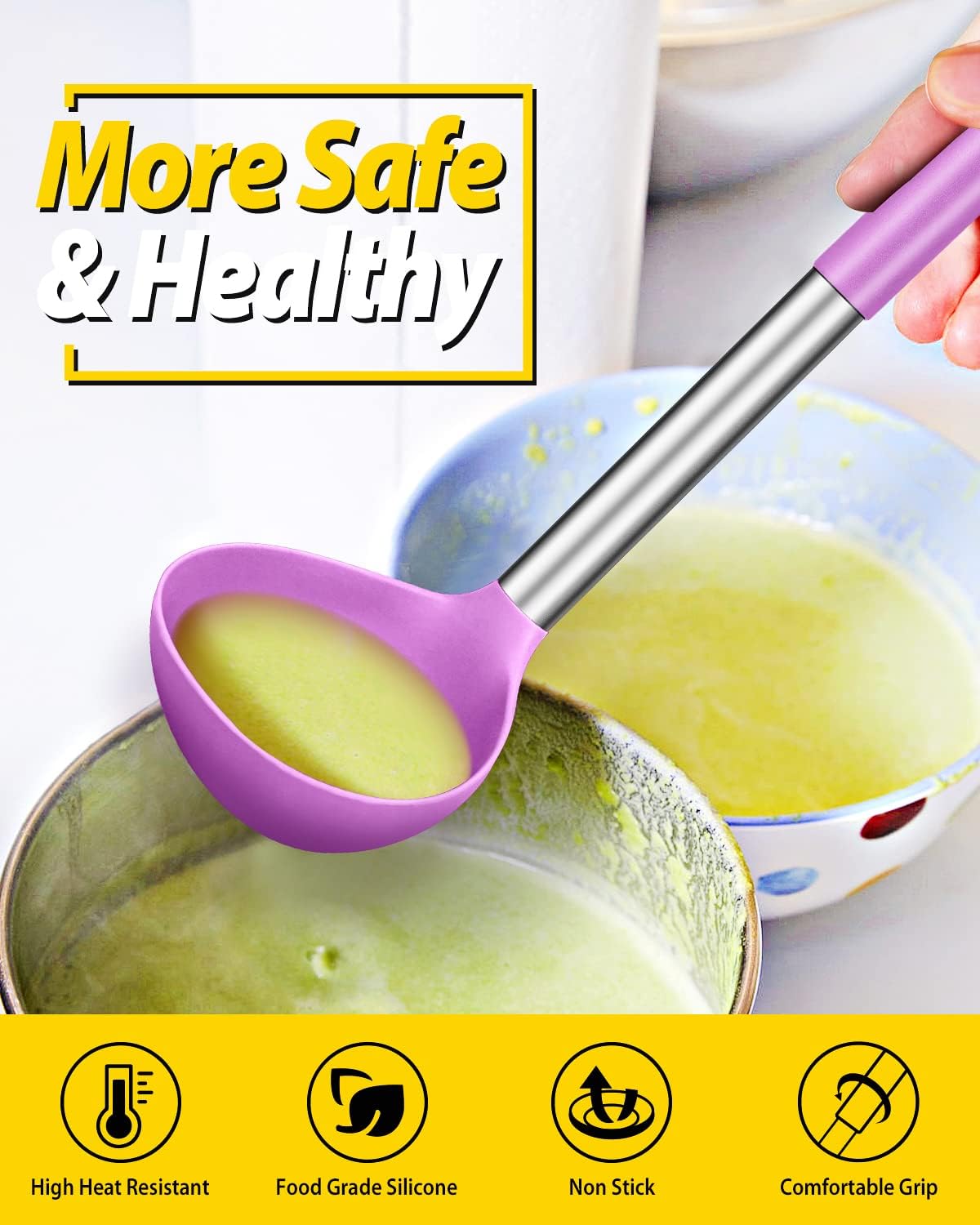 Pack of 2 Ladle Spoon,Silicone Large Spoon for Soup,Non Stick Kitchen Utensils with High Heat Resistant,BPA Free Perfect Kitchen Tools for Cooking, Stirring,Serving Soups (BLACK-WHITE)