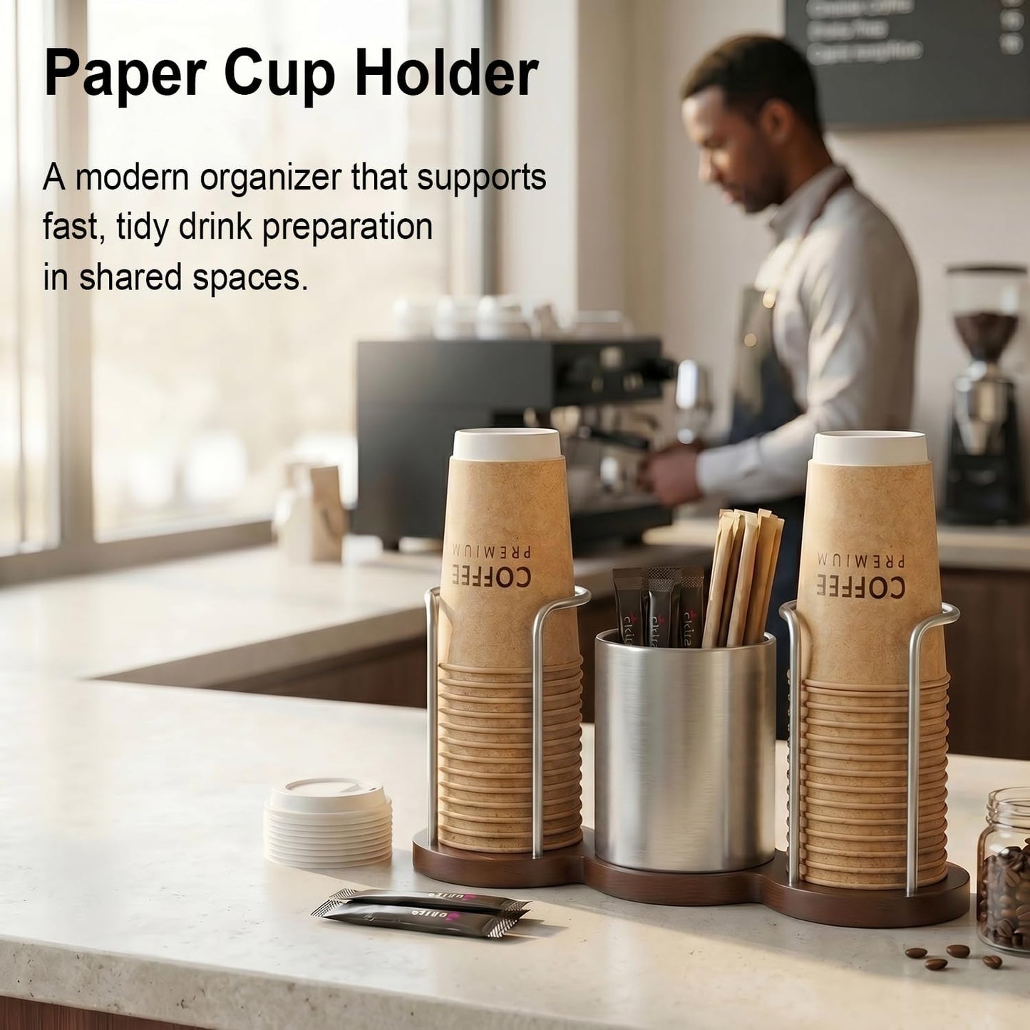 GOYLSER Coffee Station Organizer with Straw & Stirrer Storage Caddy for Cups Lids, Disposable Paper Cup Holder Cup Organizer for Coffee Bar, Office, Home Kitchen, Gold