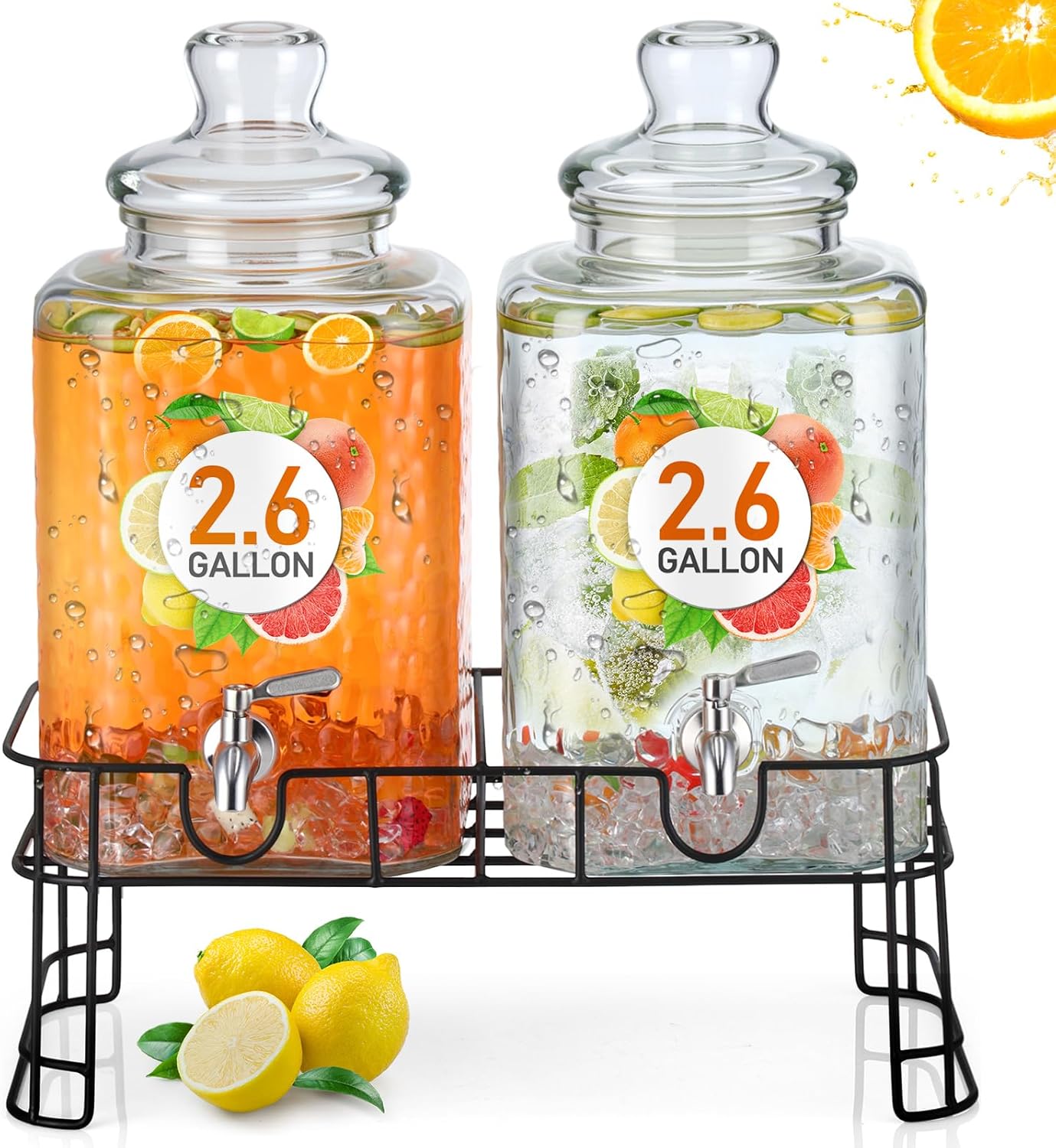 Honeydak 1.5 Gallon Glass Beverage Dispenser with Stand Stainless Steel Spigot Glass Lid Clear Iced Juice Container Leakproof Drink Dispenser Countertop Lemonade Water Jar for Wedding Party (3 Pack)