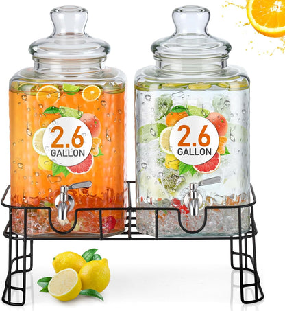 Honeydak 1.5 Gallon Glass Beverage Dispenser with Stand Stainless Steel Spigot Glass Lid Clear Iced Juice Container Leakproof Drink Dispenser Countertop Lemonade Water Jar for Wedding Party (3 Pack)
