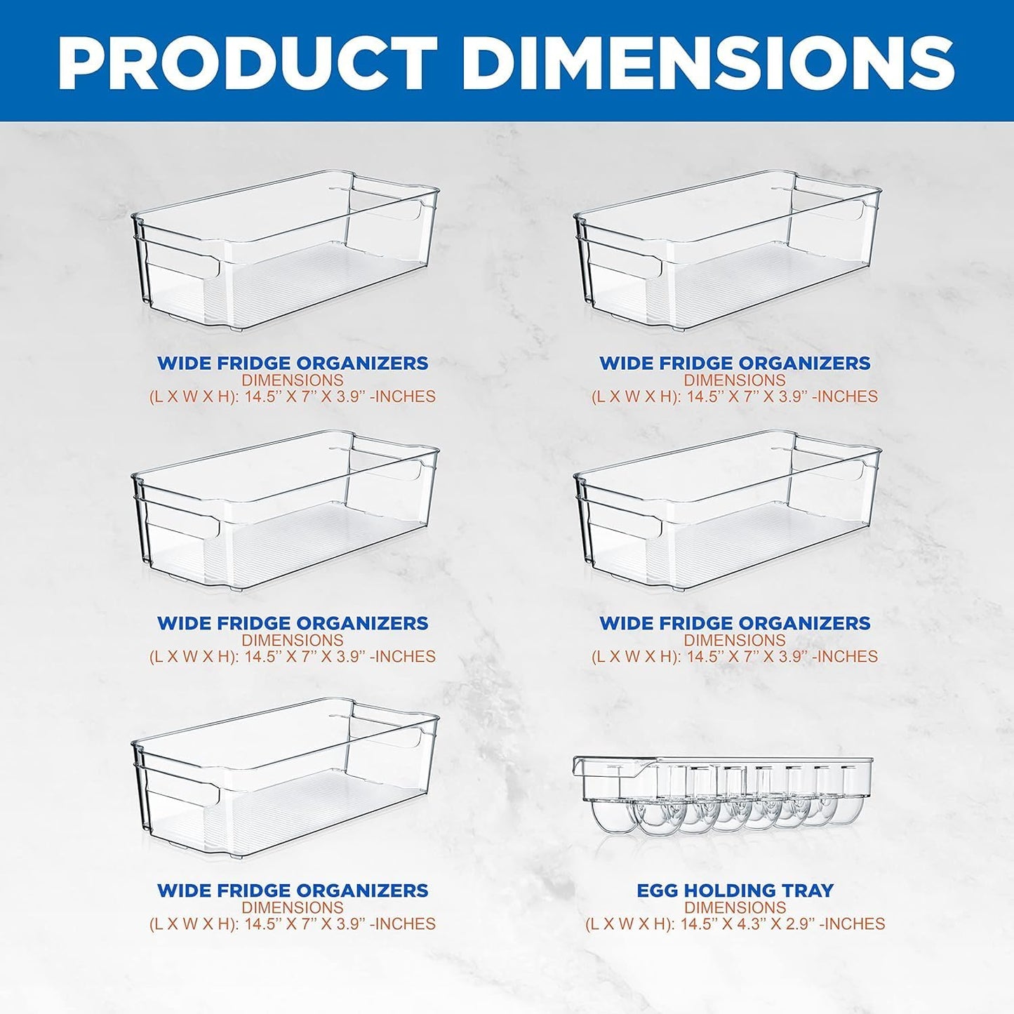 NutriChef Refrigerator Organizer Bins 6-Piece - Plastic Storage Bins with Egg Holder - For Fridge, Freezer, Kitchen, Cabinet, Countertops, Pantry - Stackable Food & Drink Containers, 14.5"x7" - Clear
