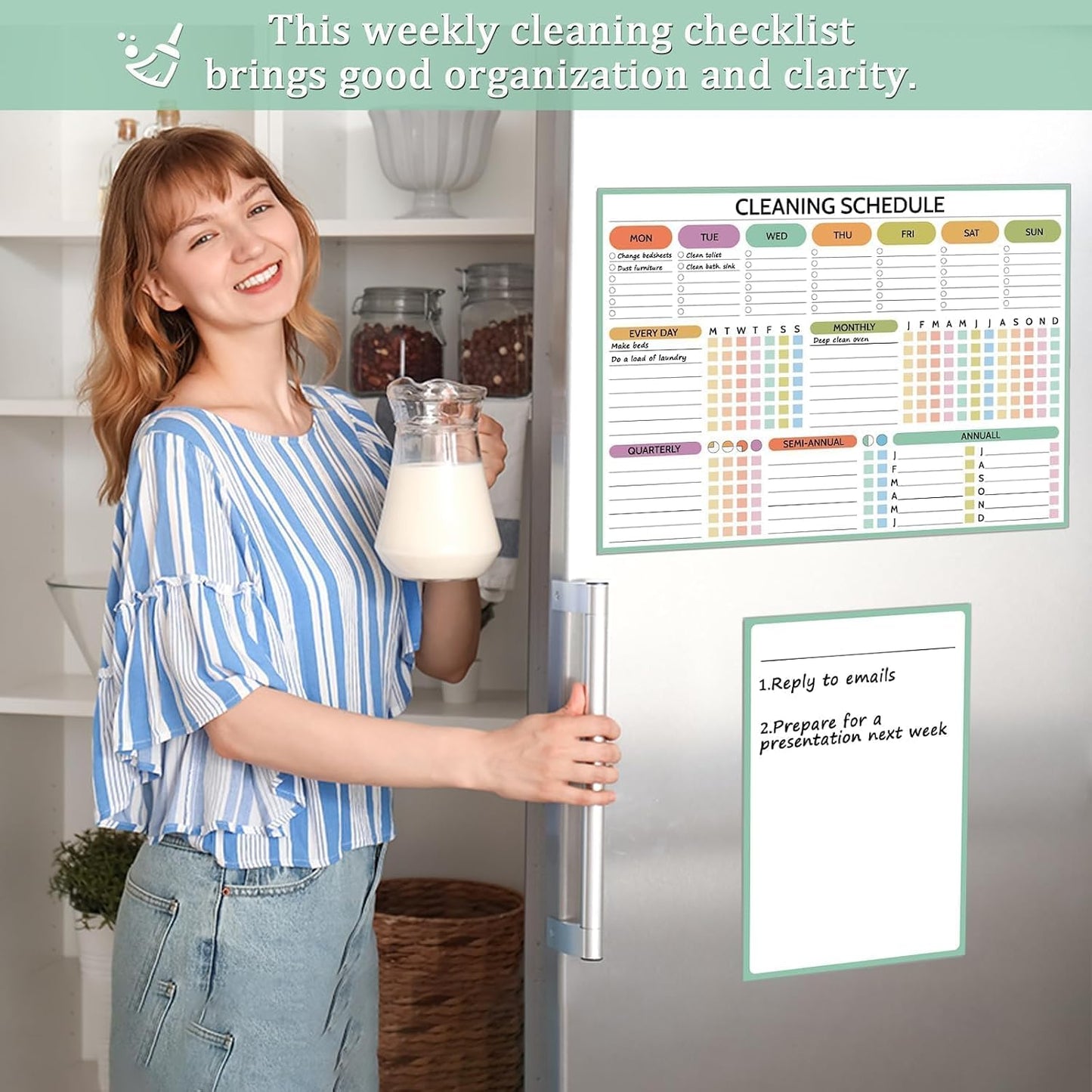 Naozinebi 2 Pcs Magnet Cleaning Planner Magnetic Cleaning Schedule and Checklist Daily Weekly Monthly Quarterly Semi-Annual Annually Chore Chart for Adults Dry Erase to Do List White Board for Fridge