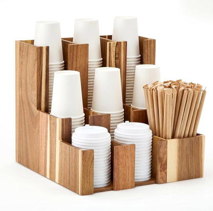 CroBlissful Wooden Vertical Coffee cup and lid dispenser, coffee condiment organizer, 9 Compartment for Disposable Paper & Plastic Cup, for cabinet Station Home Countertop Bar 13''l x 13''w x 12''h