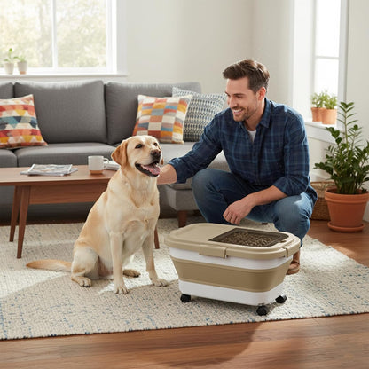 Summark 15 Lbs Dog/Cat Food Storage Container,Collapsible Food Storage Containers with Rolling Wheel Airtight Locking Lid,Pet Food Storage Container with Cup and Scoop,Grey