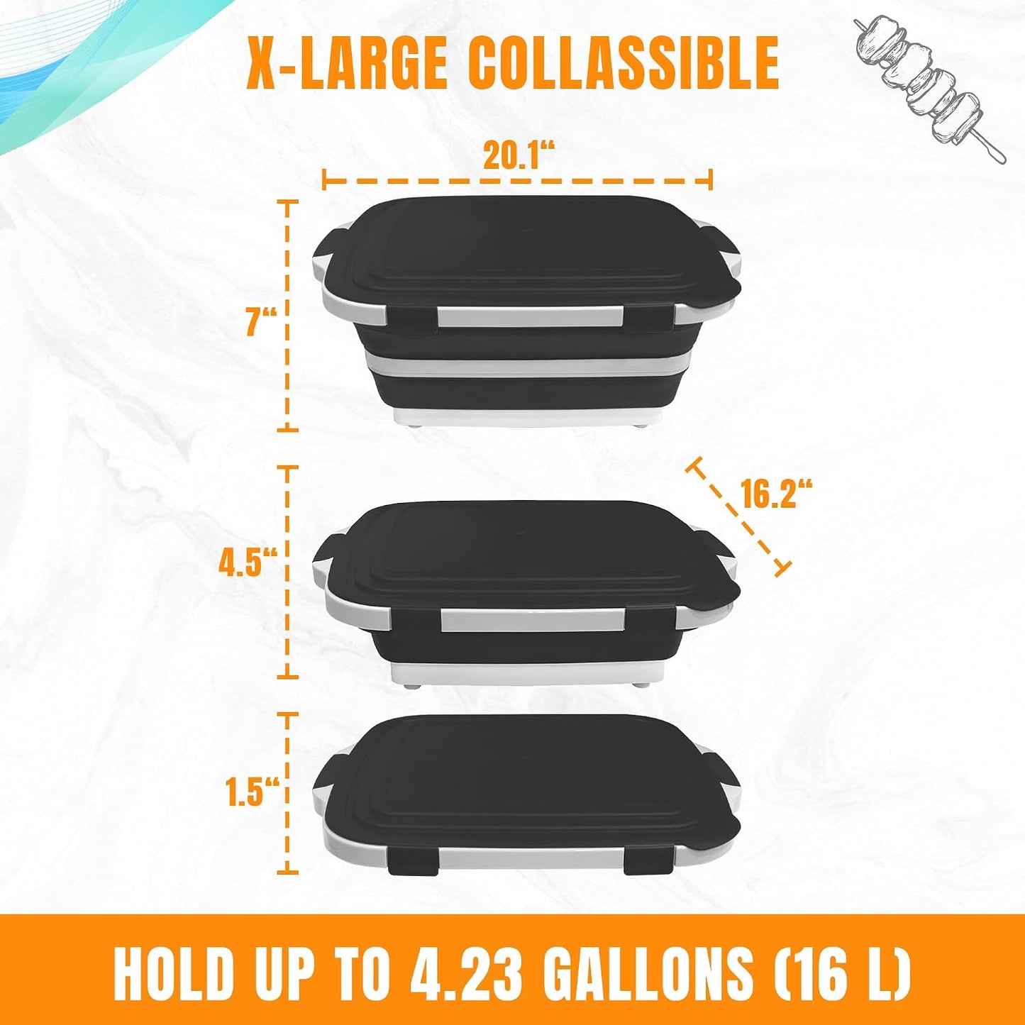 Collapsible Cutting Board with BBQ Prep Tub and Lid, Foldable Food Prep Container for Meal Prep, Marinating, Food Storage, Grilling, Camping and Outdoor Cooking, Dishwasher Safe, Black XX-Large