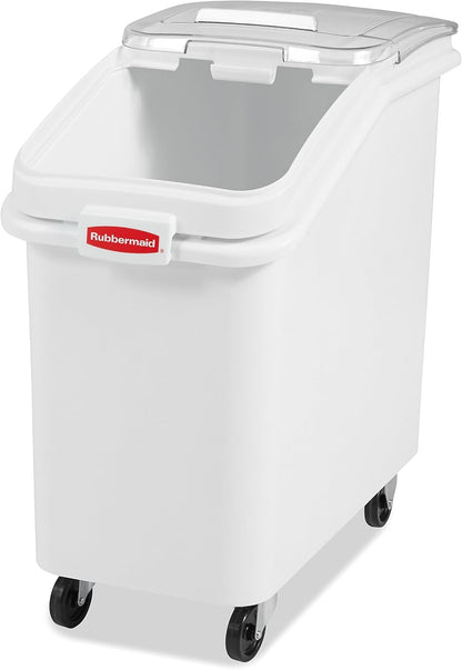 Rubbermaid Commercial Products ProSave Shelf-Storage Ingredient Bin With Scoop, 600-Cup capacity, Plastic, White, Sliding Lid, Container with Wheels for Kitchen/Restaurant Food Organization