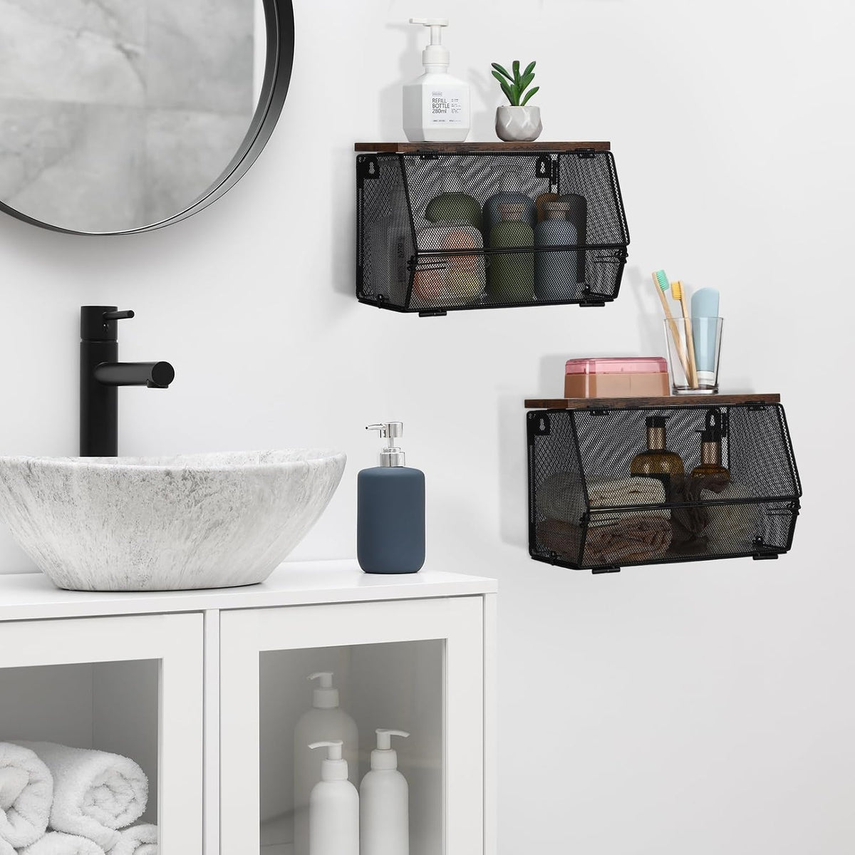 Teenyyou 2 Pcs Stackable Mesh Fruit Basket with Lid Wall Produce Vegetable Storage Basket Onion Potato Hanging Metal Wire Container for Kitchen Counter Pantry(Non-removable,Black,8.3" w & 13.8" l)