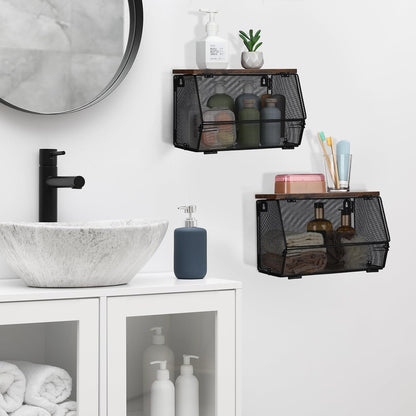 Teenyyou 2 Pcs Stackable Mesh Fruit Basket with Lid Wall Produce Vegetable Storage Basket Onion Potato Hanging Metal Wire Container for Kitchen Counter Pantry(Non-removable,Black,8.3" w & 13.8" l)
