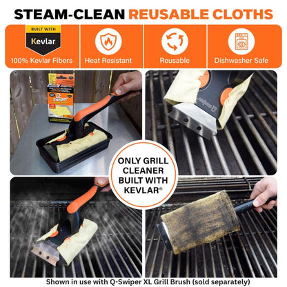 Proud Grill Q-Swiper Steam-Clean Grill Cleaning Cloths - Made with 100% Kevlar Fibers, Reusable Steam Cloths for BBQ Grates, Cast Iron & Stainless Steel, Heat-Resistant, Dishwasher Safe - Pack of 2