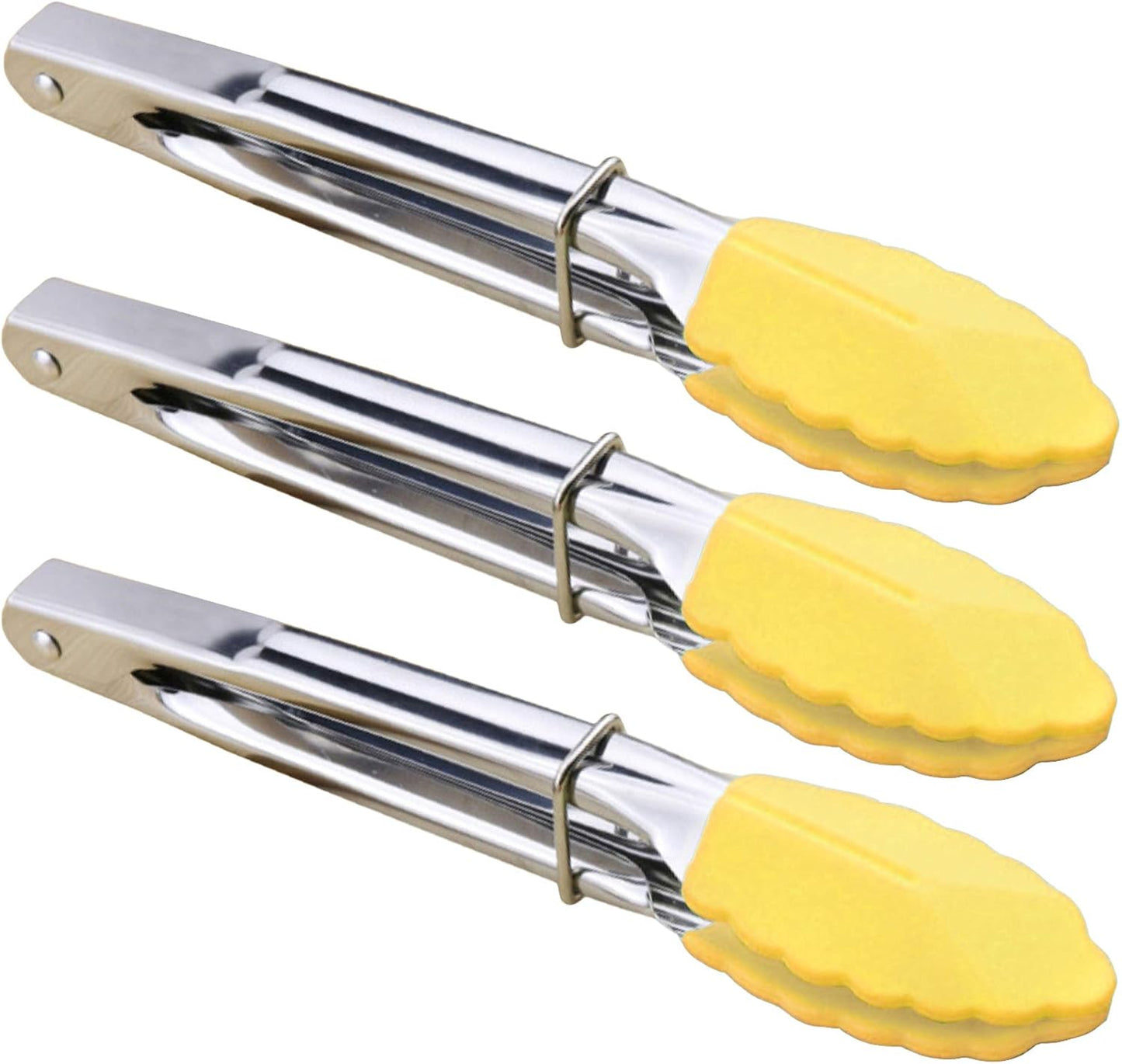 HINMAY Mini Stainless Steel Food Tongs with Silding Rings 7-Inch, Set of 6 | Small Clam Shell Service Tongs for Serving Appetizers, Desserts, Salads, Barbecue and Cooking (Silver)