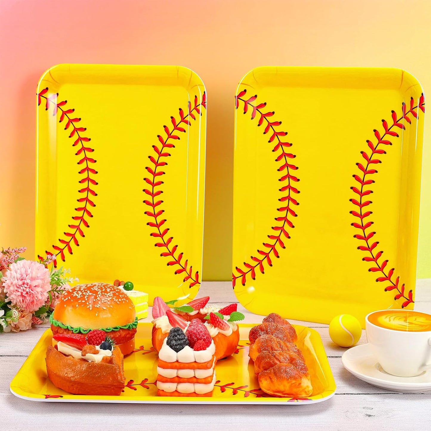 FYSUIMU 3Pcs Softball Serving Trays Reusable Serving Dishes Yellow Sports Ball Platter for Birthday Party Sharing Snacks Fruits Dessert, 13 x 10 Inch