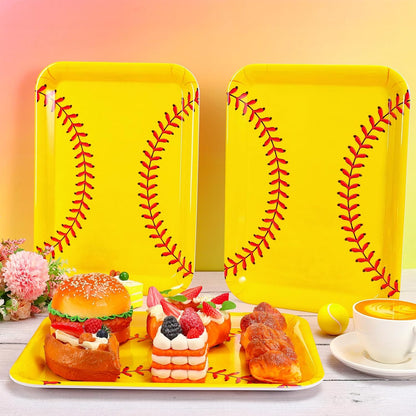 FYSUIMU 3Pcs Softball Serving Trays Reusable Serving Dishes Yellow Sports Ball Platter for Birthday Party Sharing Snacks Fruits Dessert, 13 x 10 Inch