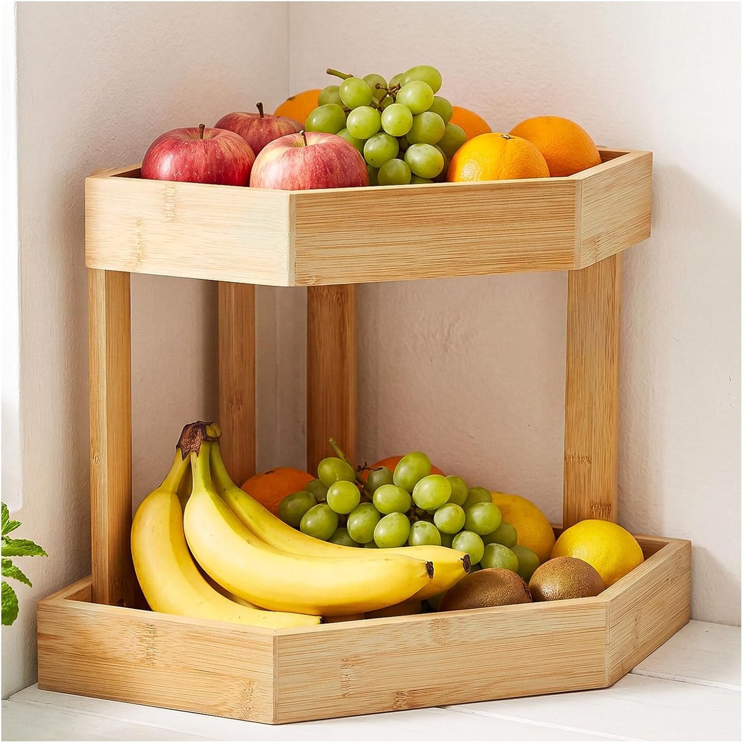 Bamboo 2 Tier Fruit Basket for Kitchen Counter, Corner Fruit Stand Holder, Detachable Countertop Organizer Large Capacity for Vegetables, Bread, Snack, Spice Jars Storage(Bamboo,2 Tire)