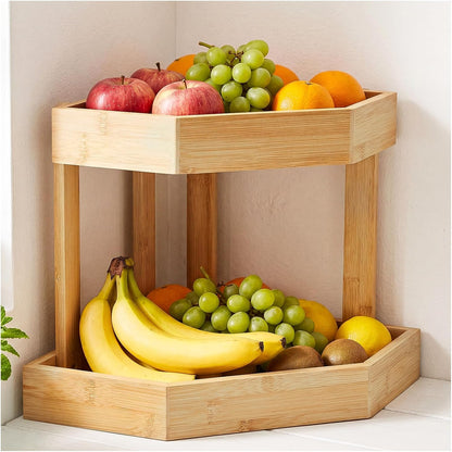Bamboo 2 Tier Fruit Basket for Kitchen Counter, Corner Fruit Stand Holder, Detachable Countertop Organizer Large Capacity for Vegetables, Bread, Snack, Spice Jars Storage(Bamboo,2 Tire)