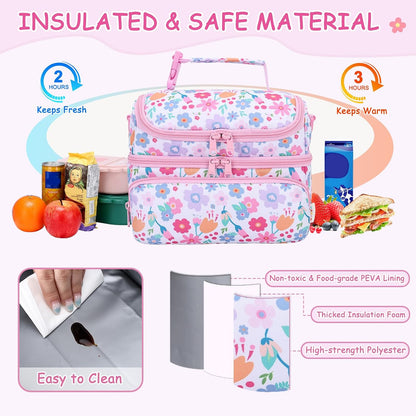 Kasqo Lunch Bag Kids, Dual Compartment Insulated Cooler Bag 7.5L Girls Boys Toddler Lunch Box Containers for Daycare School Kindergarten Travel Ombre Butterfly