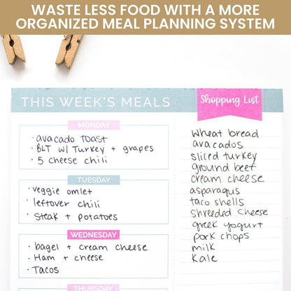 bloom daily planners Weekly Meal Planning Pad - Magnetic Hanging Refrigerator Menu Planner with Tear-Off Sheets & Perforated Grocery Shopping Lists - 6” x 9” (Grey & Pink)