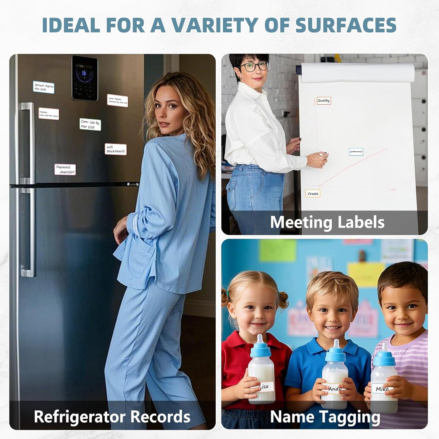 PPB Dry Erase Labels Sticky Notes for Containers, Reusable Waterproof Removable Stickers for Storage Bins, Freezer, Kitchen, Classroom, Whiteboard, All Purpose Use (1.2”x 2”, Multicolor, 60 Dots)