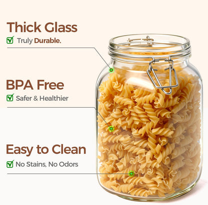 ComSaf Set of 3 Square Glass Jars with Airtight Lids (51 Oz) — Wire Clamp Canisters for Small-Batch Pickling, Kimchi, Bulk Dry Food, Wide Mouth Space Saving Kitchen Pantry Organization Jars