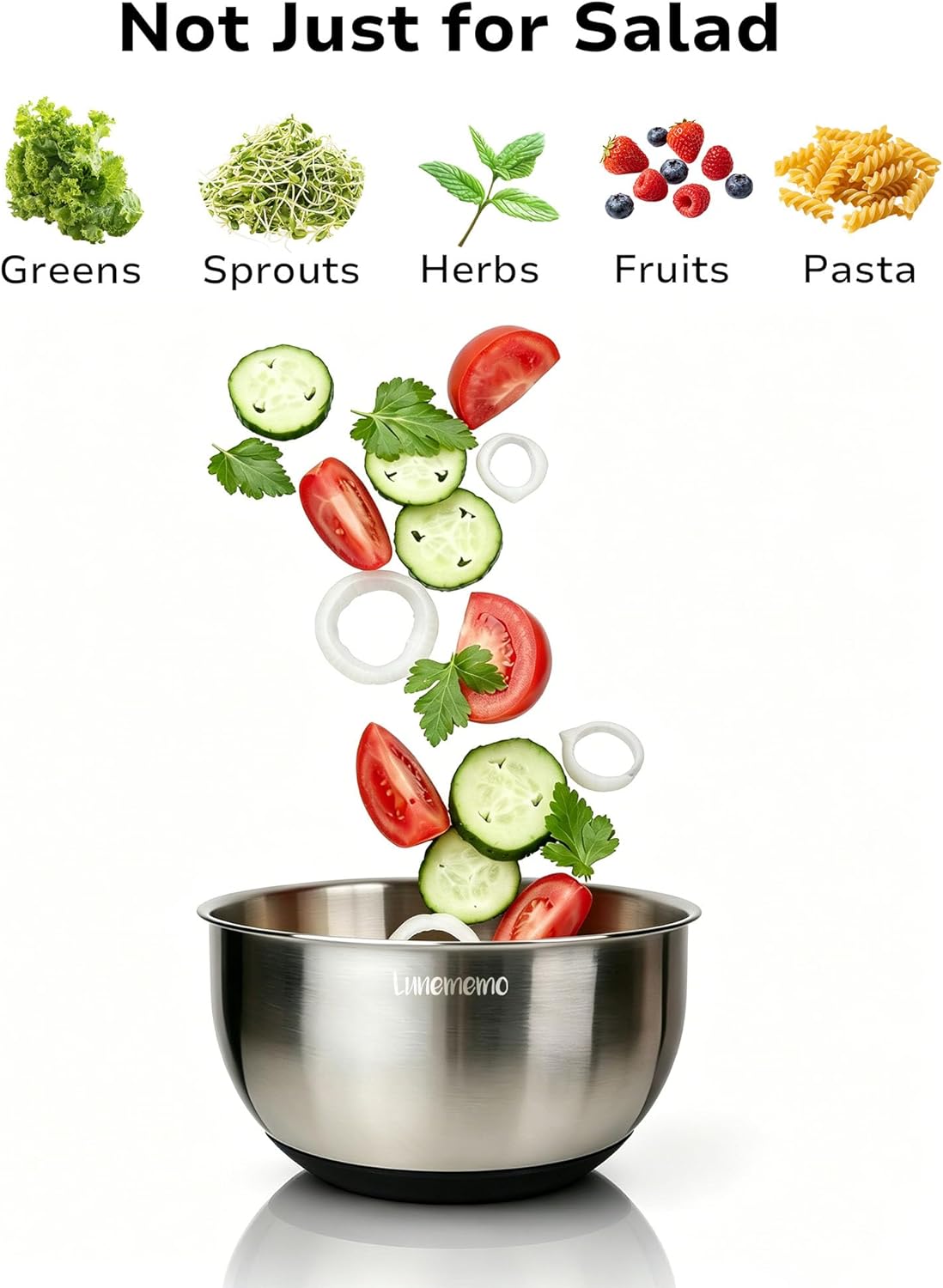 Lunememo Stainless Steel Salad Spinner, Lettuce Spinner with Drain, Non-Slip Base, Stop Button, Vegetable Dryer, BPA Free, 5.3 Qt