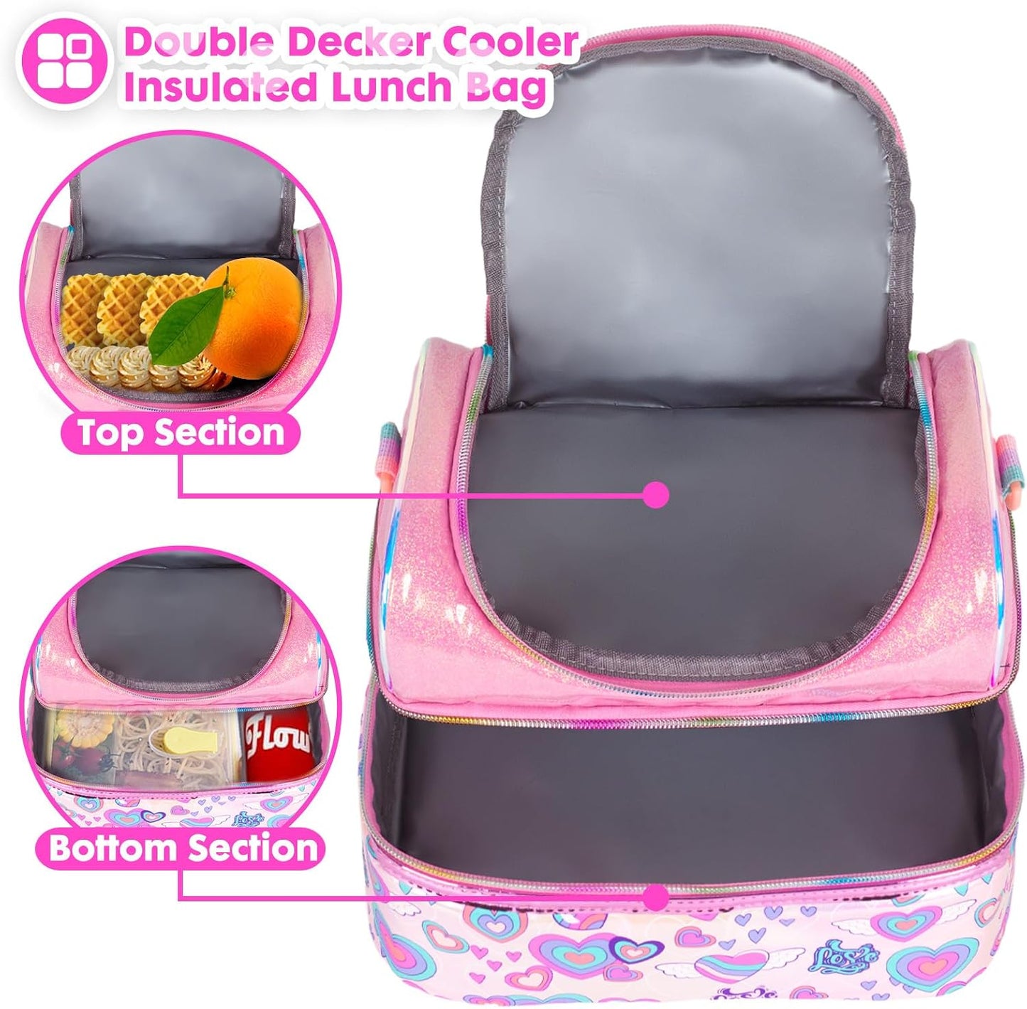 Kids Double Decker Cooler Insulated Lunch Bag, Back to School Large Meal Tote for Boys, Girls, Men, Women, with Adjustable Strap, Soccer