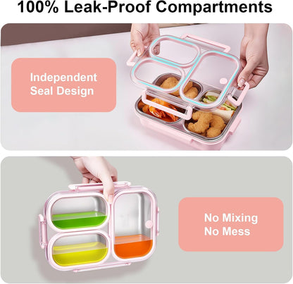 25oz 18/8 Stainless Steel Lunch Box Kit (Bento Box + Fork/Spoon) - 3 Leakproof Compartments - Metal Snack Box for Kids & Adults - School/Office/Travel - Dishwasher Safe (Beige)