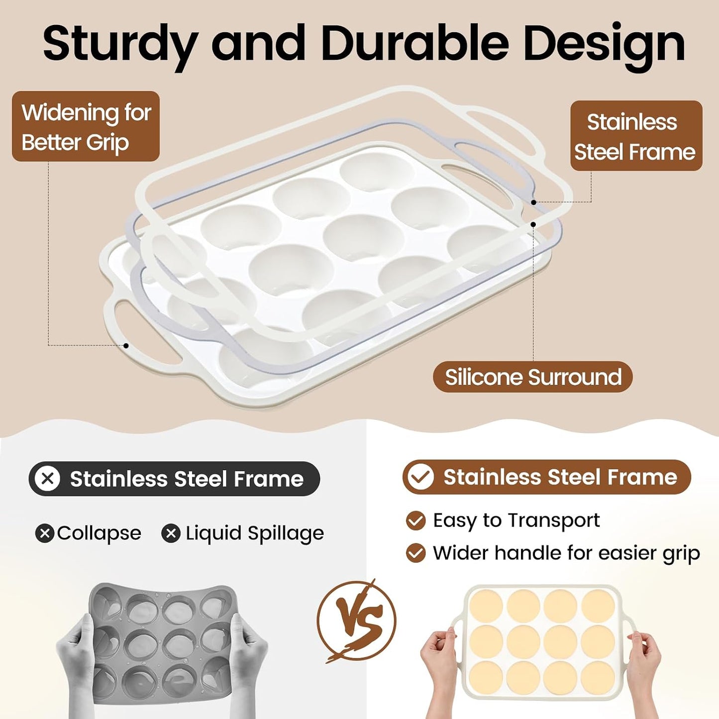 Silicone Muffin Pans for Baking 2 Pack, 2.6 Inch with Metal Reinforced Frame, Regular Size Nonstick Cupcake Pan 12 Cups for Baking Homemade Muffins, Dishwasher Safe BPA Free-Blue