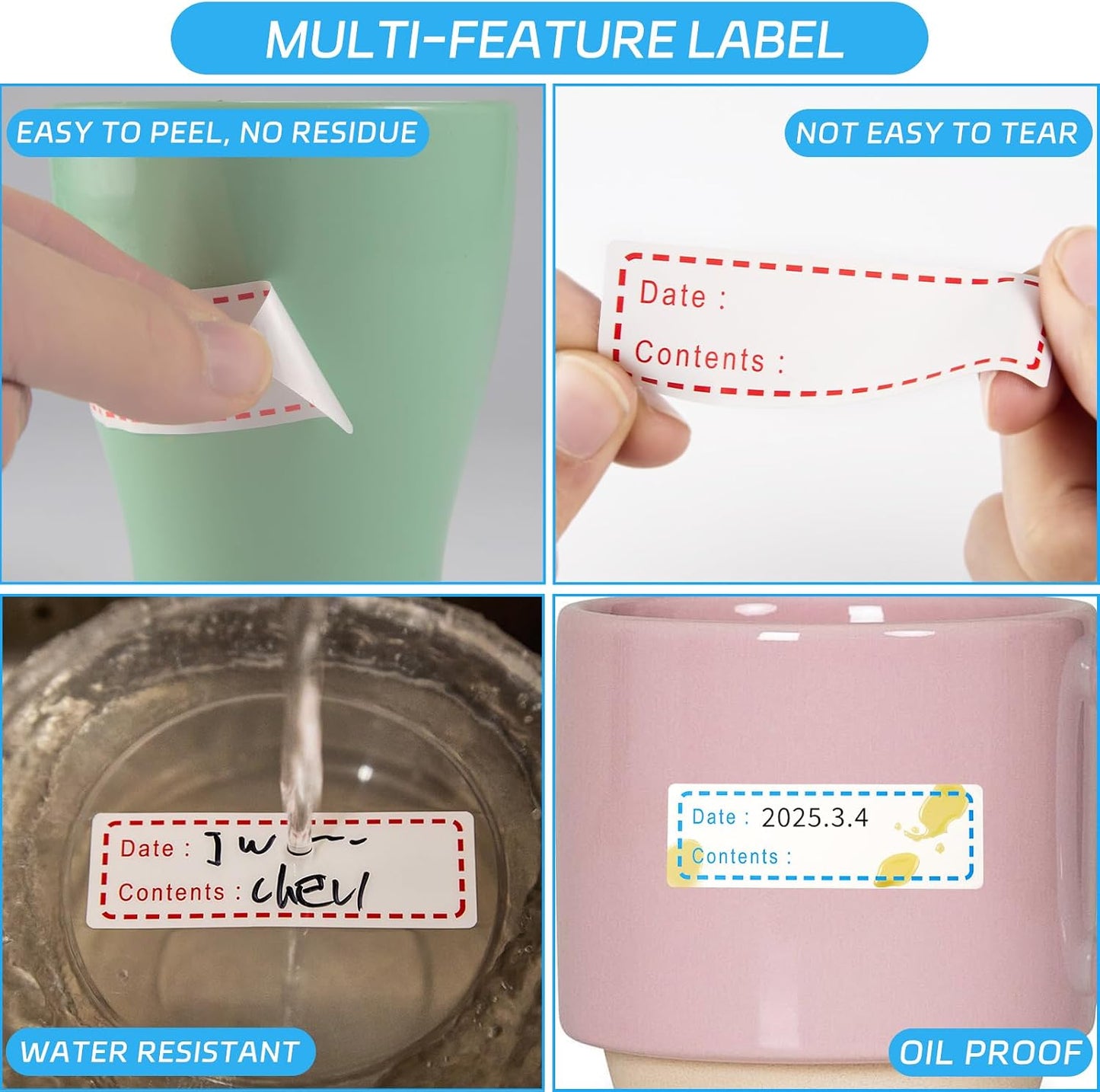 1000 Pcs Removable Freezer Labels with Perforation Line, 1x3 Inch Waterproof Oil Resistant Food Storage Stickers, No Residue Easy Peel Date Content Labels for Kitchen Containers, Jars, Restaurants
