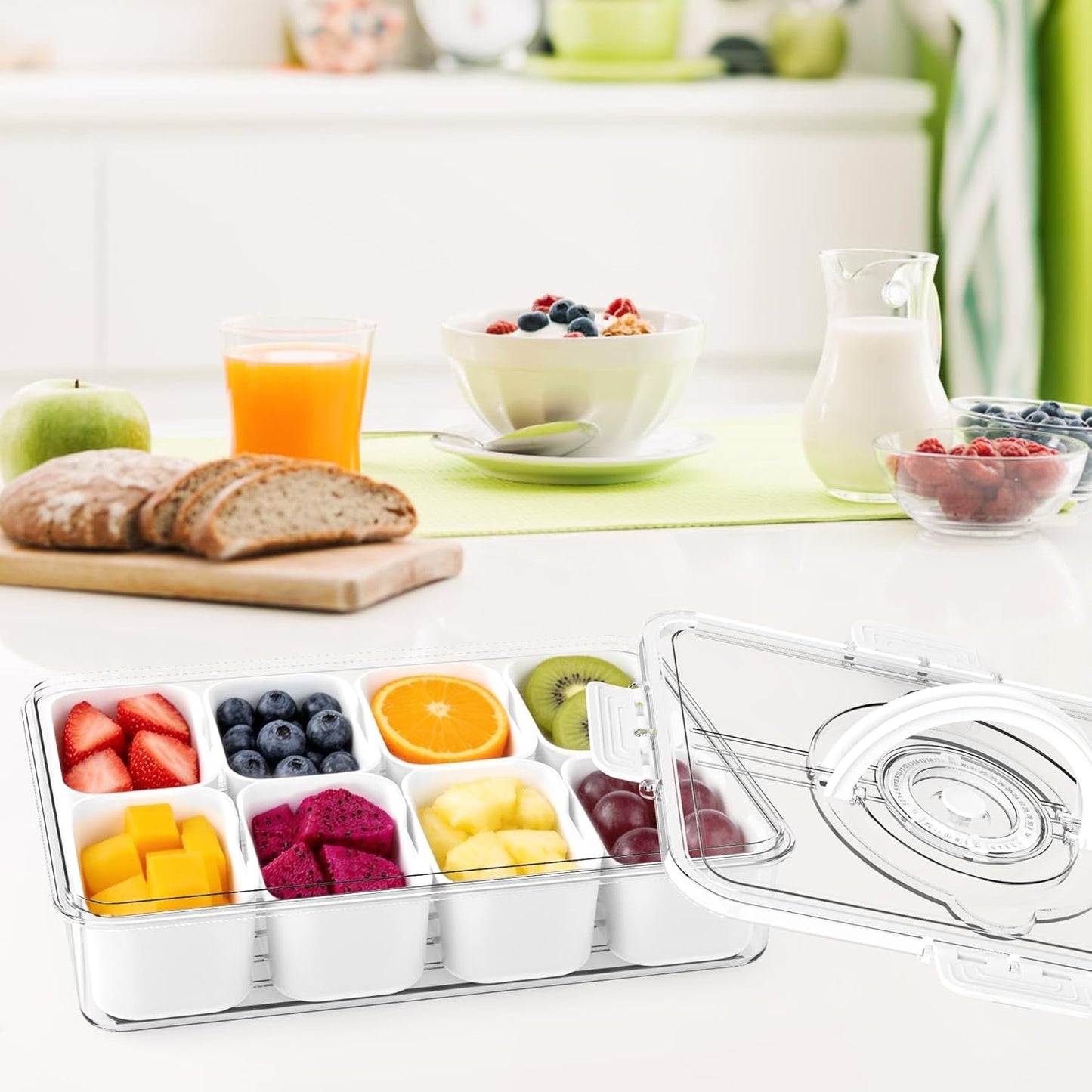 Divided Serving Tray with Lid and Handle,Time Recording 8 Compartments Snackle Box Container - Charcuterie Board for Portable Snack Platters - Clear Organizer for Fruits Snacks,Perfect for Travel