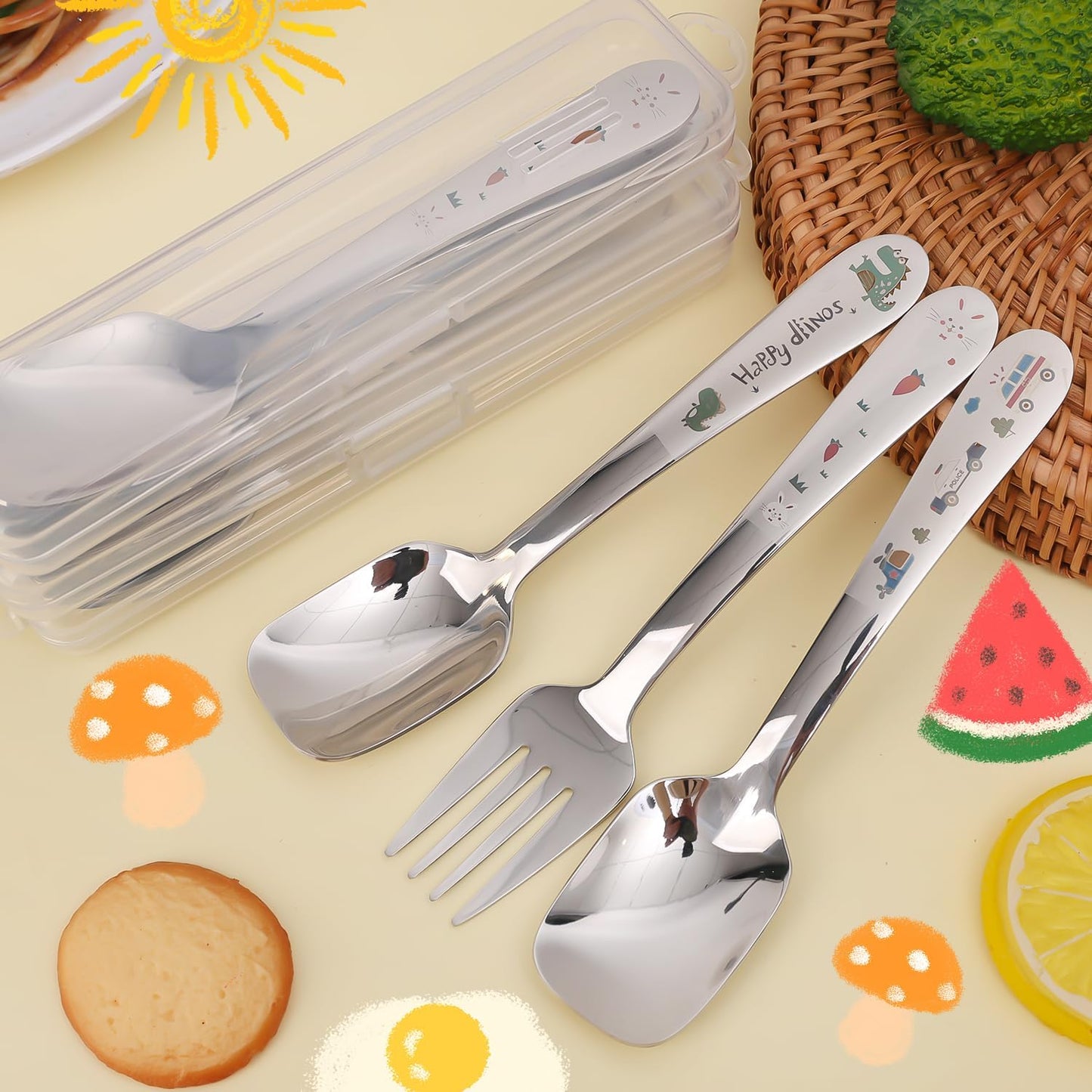 Cute Cartoon Spoon Fork Dinnerware Sets with Case Cute Kawaii Portable Travel Stainless Steel Cutlery Set Kitchen Utensils Tableware (Monsters,16.5x4cm)