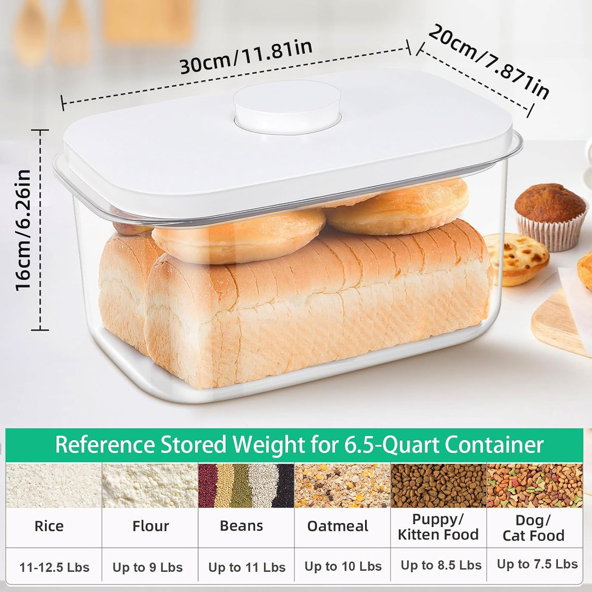 TBMax Large Airtight Food Container 5.28 Qt with Pop Up Lid & Measuring Cup, Ideal for 10 Lbs of Rice or 7 Lbs of Flour, Square Short Food Storage Bin for Kitchen Pantry and Drawer Organization