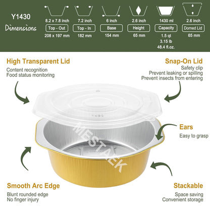 7.7" Round Aluminum Foil Containers with Lids (5 Pack) – Heavy Duty Disposable Takeout Pans for Meal Prep, Pasta, Casserole, Food Storage & Catering, 48oz