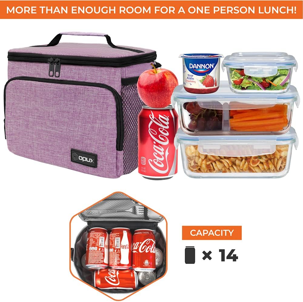 opux Insulated Lunch Bag for Men Women, Large Dual Compartment Cooler Bag, Soft Two Deck Lunch Box for Work School Picnic, Leakproof Lunch Tote with Shoulder Strap for Kid Adult (Purple, Double Deck)