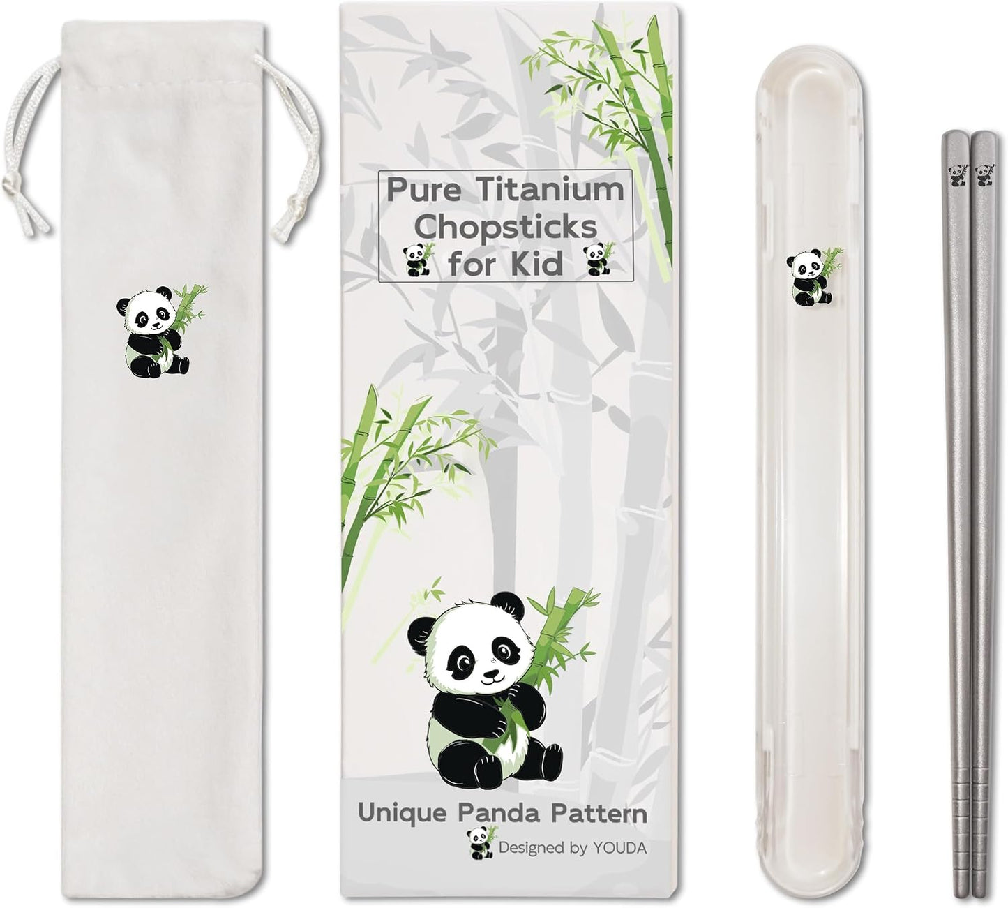 1 Pair Titanium Chopsticks-Unbreakable Camping & Travel Utensils, Panda Laser Engraved Lightweight Chopsticks Gift Set with Carry Case, Drawstring Bag/Dishwasher Safe(99.8% Pure Titanium)