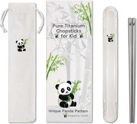 1 Pair Titanium Chopsticks-Unbreakable Camping & Travel Utensils, Panda Laser Engraved Lightweight Chopsticks Gift Set with Carry Case, Drawstring Bag/Dishwasher Safe(99.8% Pure Titanium)