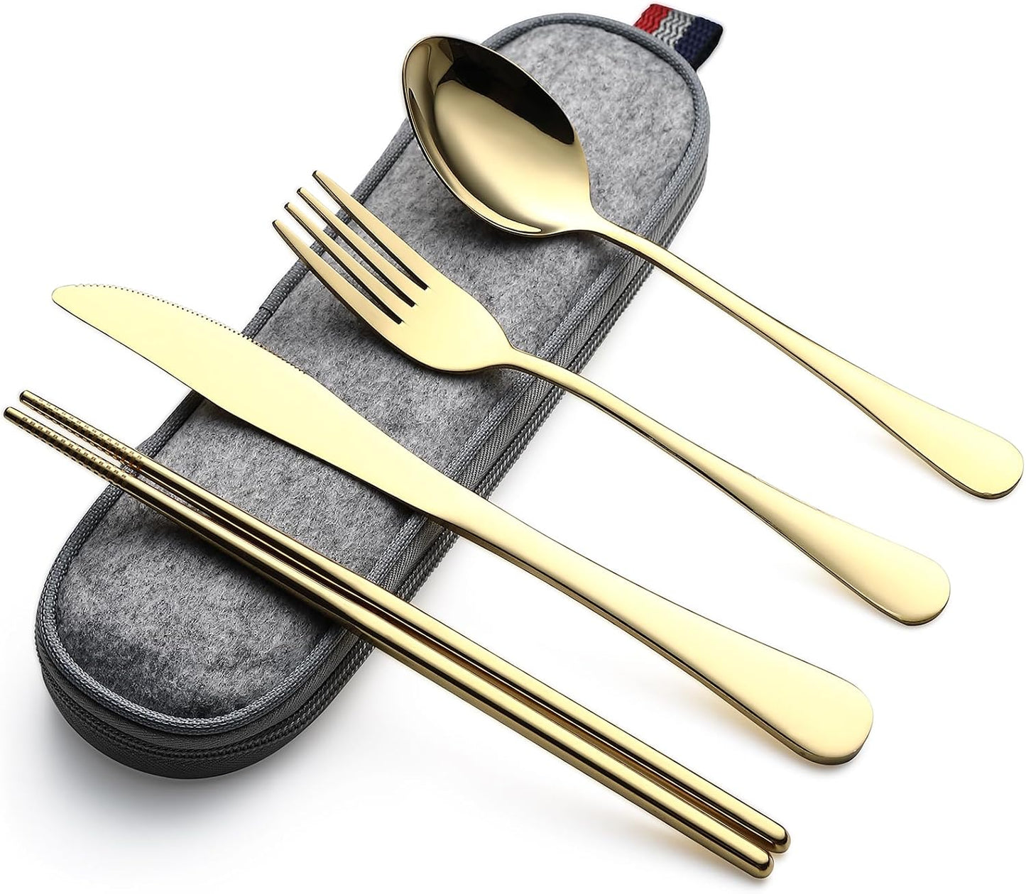DEVICO Camping Utensils, Full-Size Reusable Silverware for Lunch Adult, Stainless Steel Travel Cutlery Set with Case, Portable Fork Spoon Knife Set for Work, Flatware with Chopsticks (Rainbow)