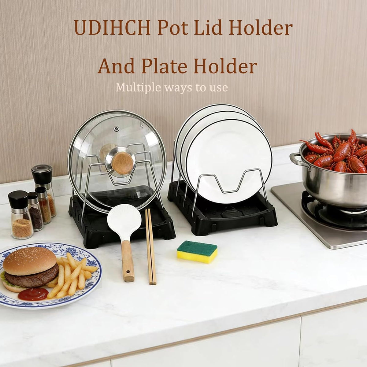 Uidhch Adjustable Pot Lid Holder for Countertop with Drip Tray