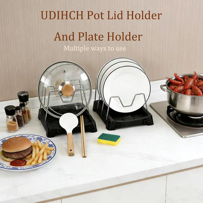 Uidhch Adjustable Pot Lid Holder for Countertop with Drip Tray