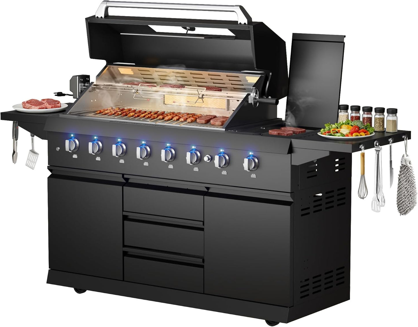 SINDA 6 Burners Gas Grill with Foldable Side Shelf, BBQ Outdoor Grill with 99000 BTUs Output, 3 Drawers for Backyard Barbecue Cooking & Barbecue Grilling，Black