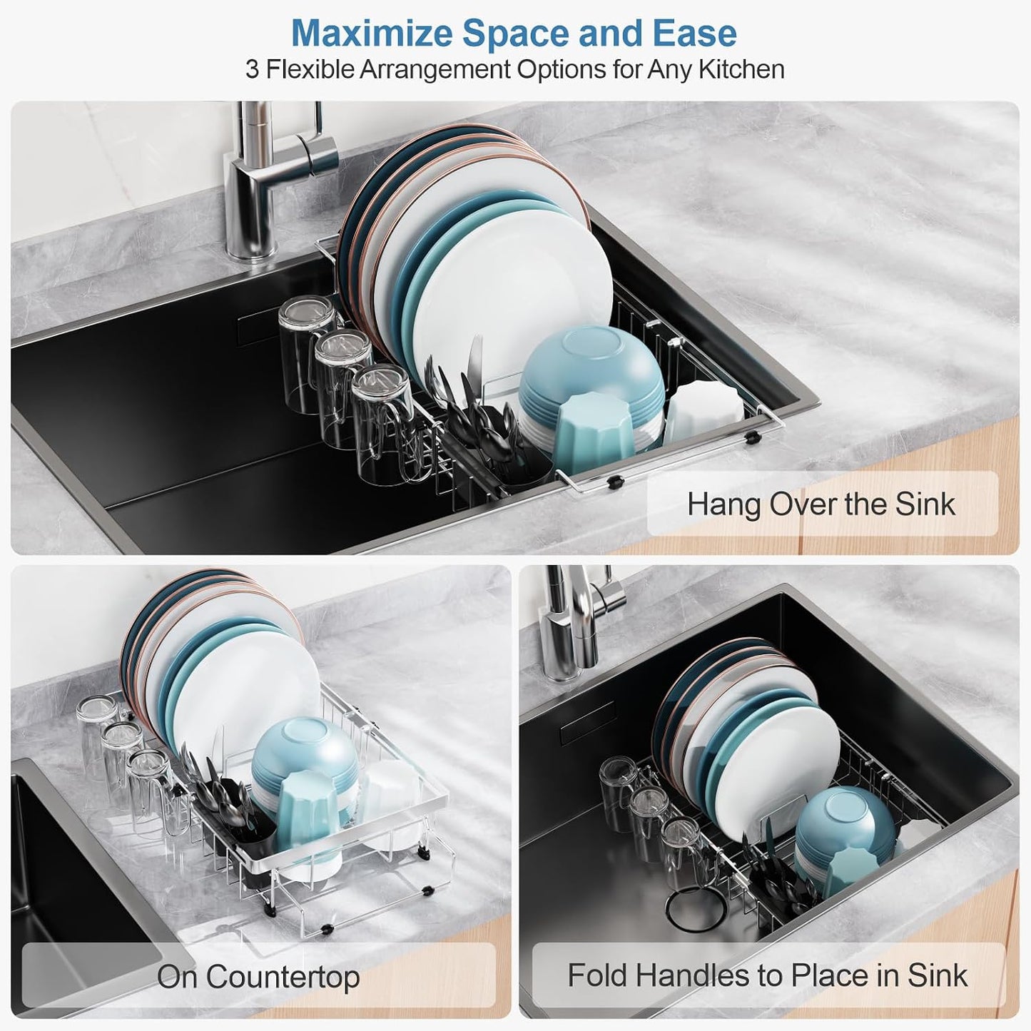 GSlife Expandable Over the Sink Dish Drying Rack with Cup Holder - Stainless Steel Dish Drainer with Locking Knob, Size Adjustable Dryer Strainer for Kitchen, Fit Sink 10.8"-17.9" L, Silver