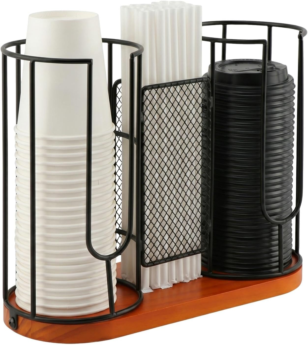 2-Compartment Coffee Cup Dispenser Rack, Disposable Cups Straws Organizer with Wooden Base, Paper Plastic Cup and Lids Holder for Coffee Station Bar Restaurant Office Breakroom Shop Kitchen