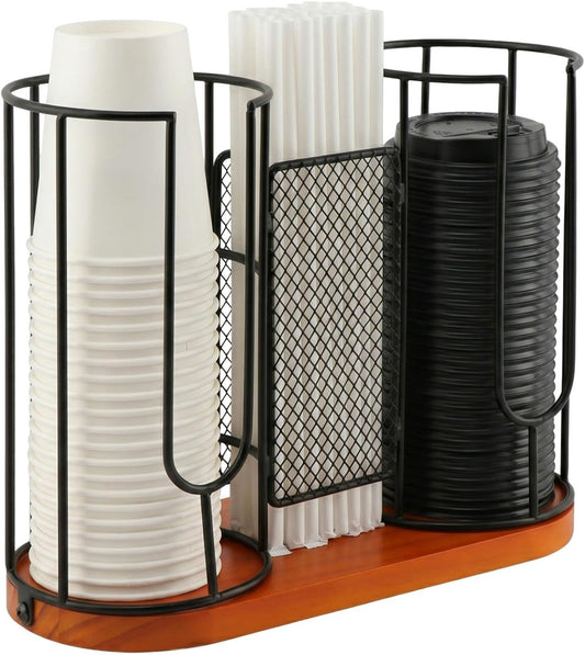 2-Compartment Coffee Cup Dispenser Rack, Disposable Cups Straws Organizer with Wooden Base, Paper Plastic Cup and Lids Holder for Coffee Station Bar Restaurant Office Breakroom Shop Kitchen