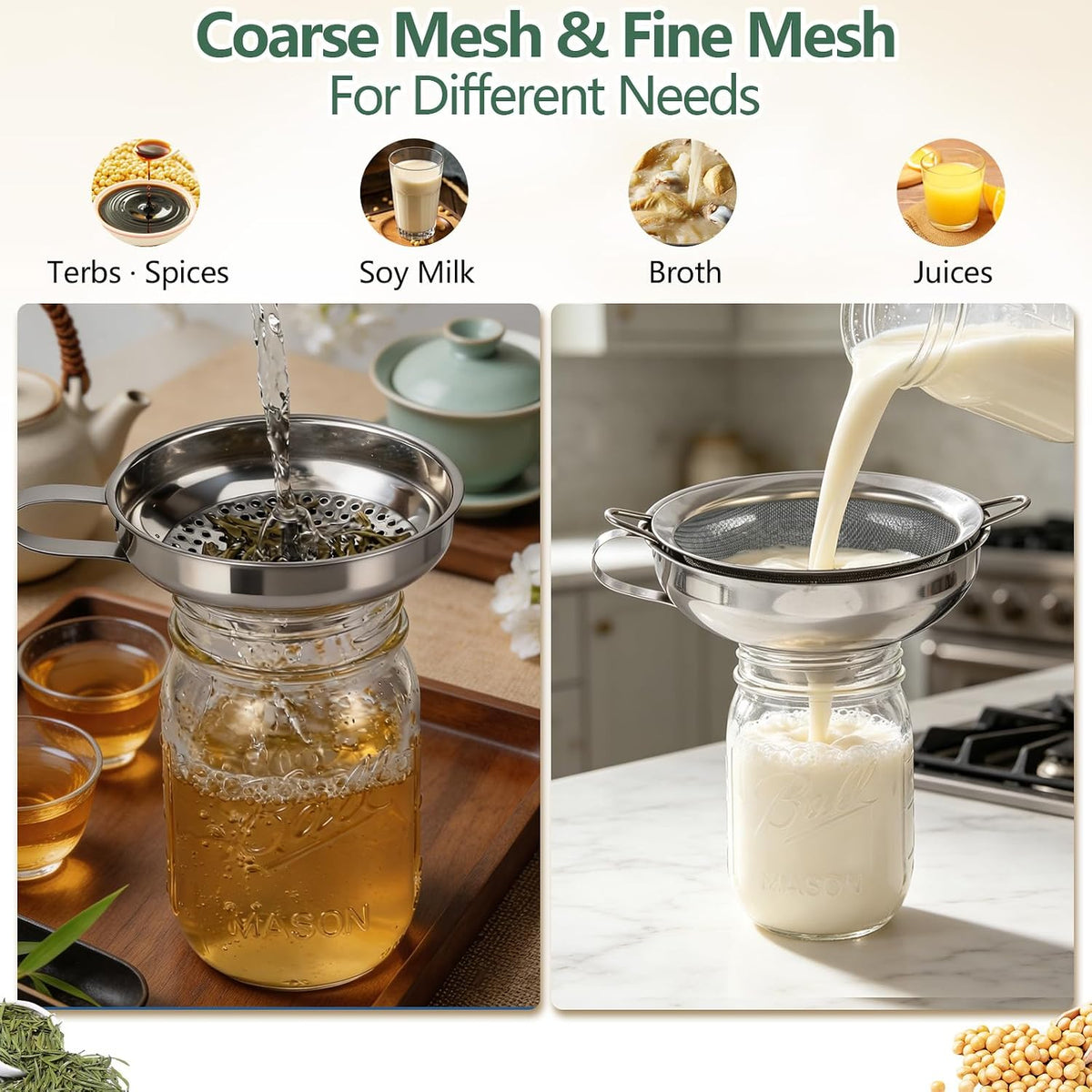 4-in-1 Canning Funnel Set, Stainless Steel Wide Mouth & Regular Funnels with Extended Stable Spout, Umbrella Strainer & Mesh Filter, Food-Grade Kit for Large Food, Jars, Oil, Kitchen Use